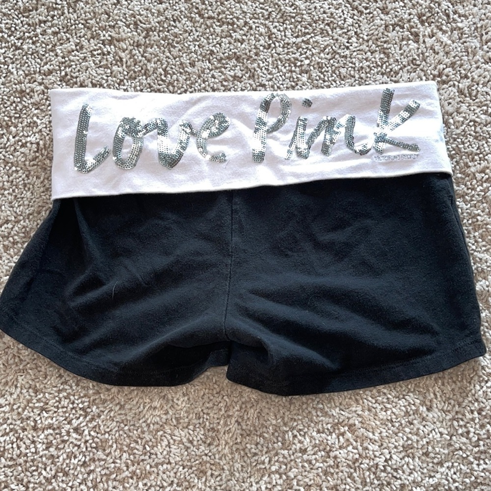 PINK Victoria's Secret Black Athletic Fold-Over Shorts with White Waistband